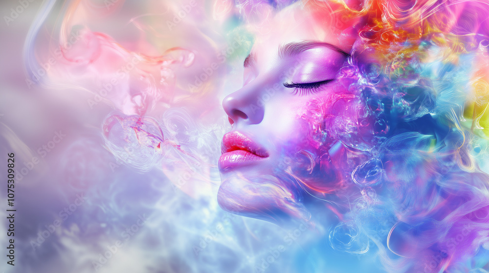 Dreamy woman’s face blending with colorful, flowing abstract elements, symbolizing imagination and tranquility Dreamy woman’s face blending with colorful, flowing abstract elements, symbolizing imagination and tranquility