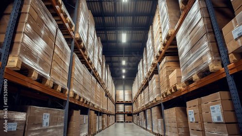 modern and clean warehouse with neat rows of stacked boxes creates organized atmosphere