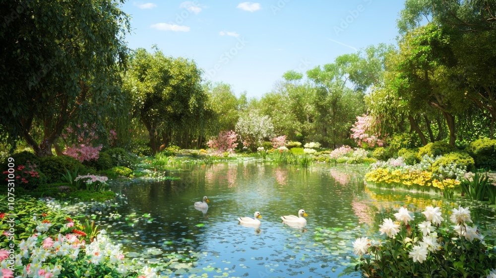 Fototapeta premium Tranquil Wetlands: Serene Pond with Ducks in Lush Urban Oasis - 3D Render