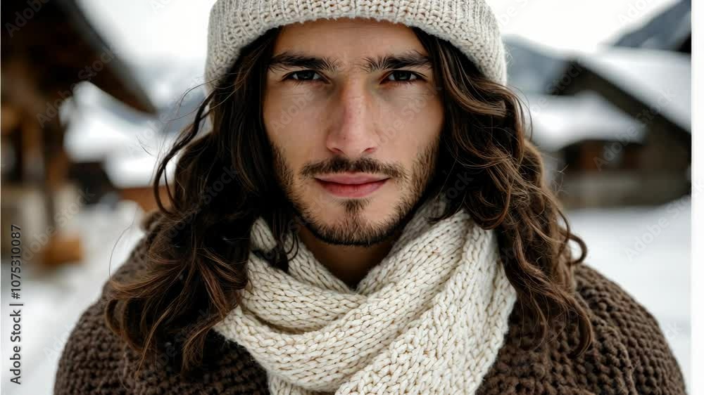 A young man stands confidently in a snowy landscape, showcasing his long hair and warm winter attire. His scarf and serene expression complement the chill of the mountainous village around him A young man stands confidently in a snowy landscape, showcasing his long hair and warm winter attire. His scarf and serene expression complement the chill of the mountainous village around him