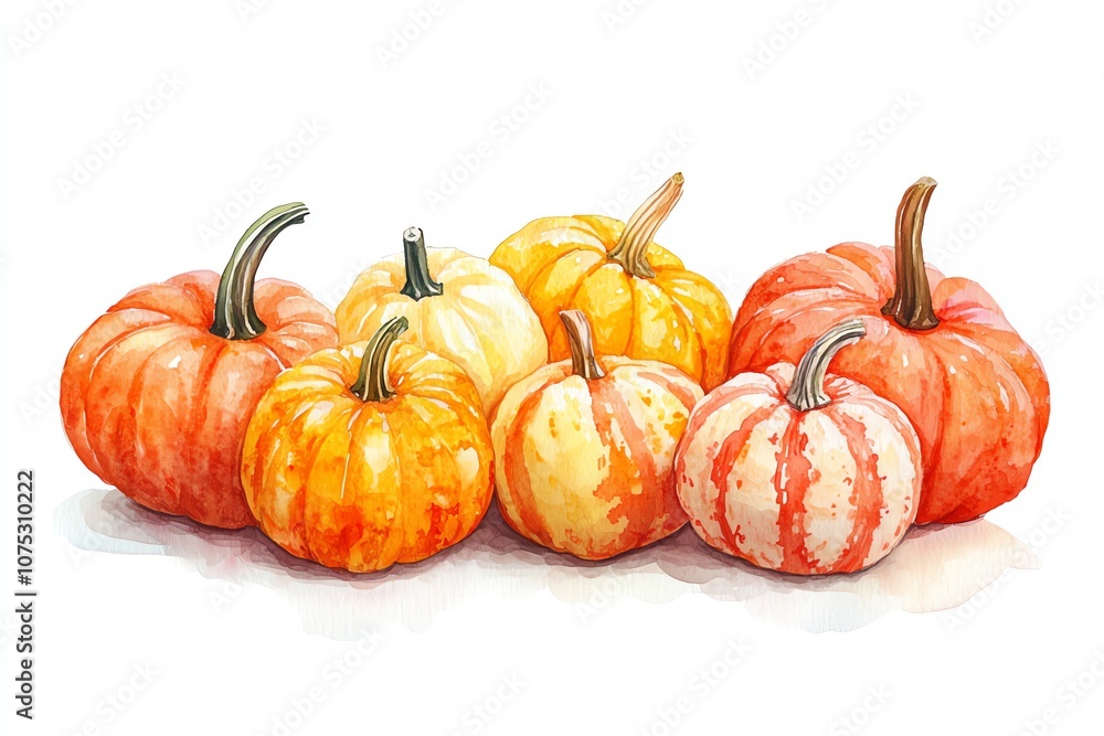 Fototapeta premium A watercolor painting of six colorful pumpkins with varying shades of orange and yellow.