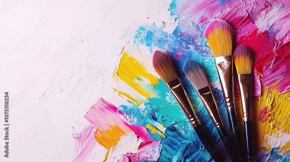 Obraz premium Colorful Art Palette with Paintbrushes Isolated on White Background for Creative Projects and Artistic Expressions