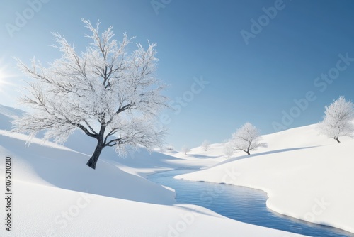 A serene winter landscape with frozen streams and frosted trees under a clear blue sky