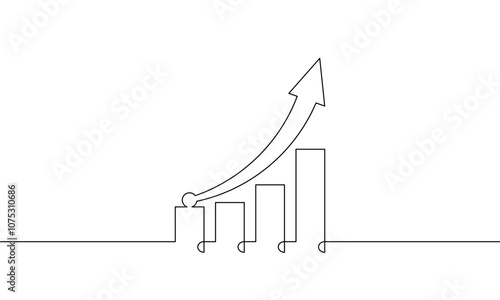 Continuous line drawing of graph. Illustration vector of increasing arrow up. Flat icon of bar chart. Single line art of business growth. Object one line sign symbol