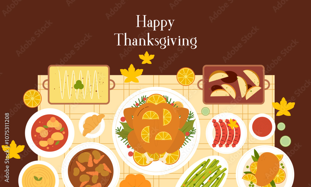 Fototapeta premium Traditional Thanksgiving Dinner Table Top View Flat Design. Thanksgiving Eating Cuisine Dishes View from Above Illustration
