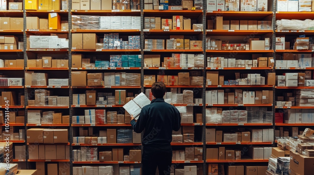 Man Standing in a Warehouse Checking Inventory Man Standing in a Warehouse Checking Inventory