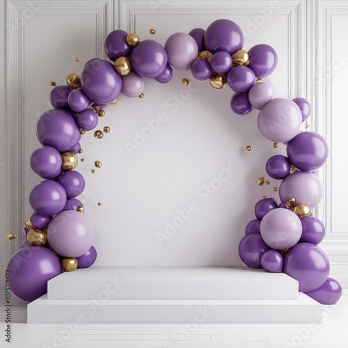 arge balloon arch on white solid paper backdrop and floorwith shades of purple bink and gold photo