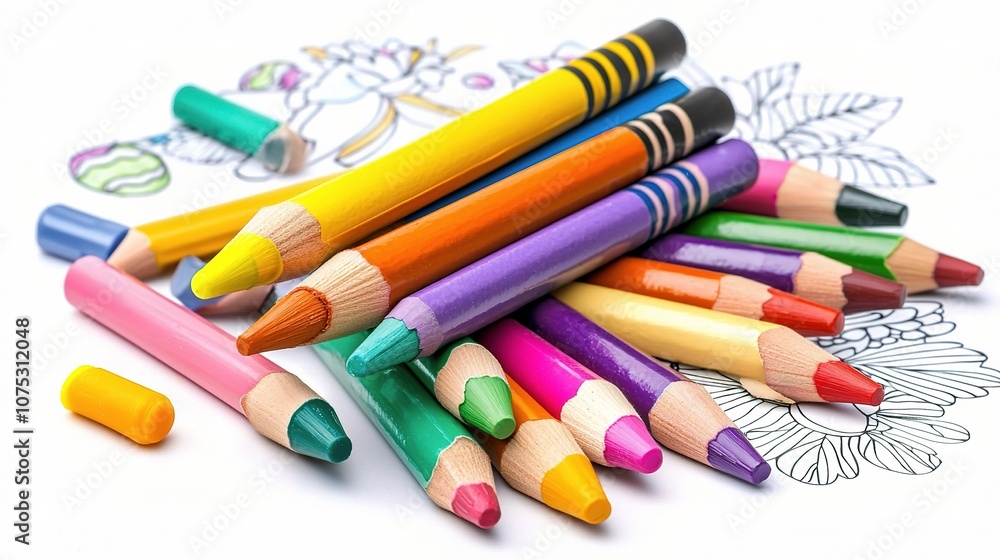 Fototapeta premium Colorful Crayons and a Vibrant Coloring Book Page, Ideal for Creative Play, Art Projects, and Relaxation Activities for All Ages