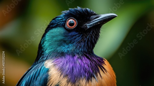 The superb starling is a medium sized bird recognized for its iridescent feathers displaying vibrant shades of green blue and purple commonly found in specific regions of Africa photo