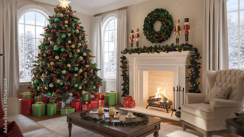 Cozy Traditional Christmas Living Room with Festive Decor and Fireplace, Christmas living room, holiday decor, Christmas tree, fireplace, Christmas decorations Cozy Traditional Christmas Living Room with Festive Decor and Fireplace, Christmas living room, holiday decor, Christmas tree, fireplace, Christmas decorations