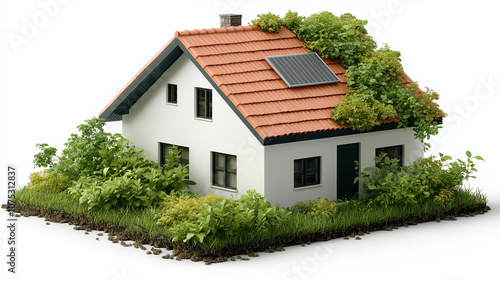 sustainable house surrounded by lush greenery and solar panels, showcasing eco friendly design