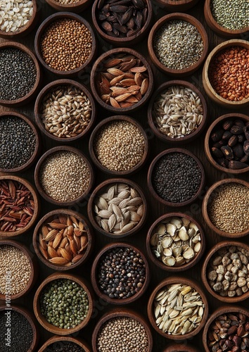 A close up of many different types of seeds and nuts in wooden bowls