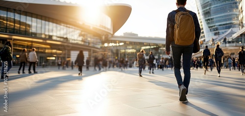 A lone figure walks through a bustling urban area, with sunlight illuminating the modern architecture and diverse crowd around them.