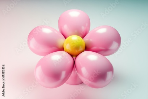 A pink flower made from balloons with a yellow center