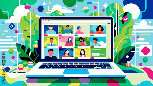 Colorful Virtual Meeting on Laptop Display in a Lush Park Setting