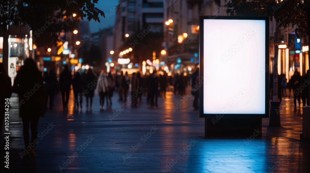 A bustling city street at dusk features a large blank advertising board illuminated by blue light. Pedestrians stroll in the background, creating a lively yet calm atmosphere as evening falls. A bustling city street at dusk features a large blank advertising board illuminated by blue light. Pedestrians stroll in the background, creating a lively yet calm atmosphere as evening falls.
