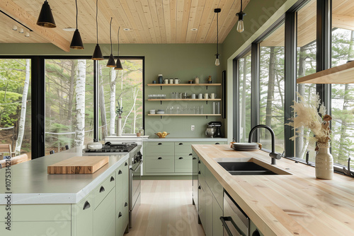 Modern Scandinavian kitchen interior with a pastel green color scheme, light wood open shelving, matte black hardware, and large floor-to-ceiling windows.