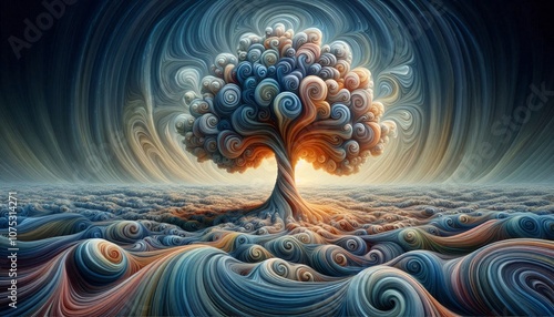 A single tree made of swirling, centered, surreal, abstract, dreamscape-style liquid spirals photo