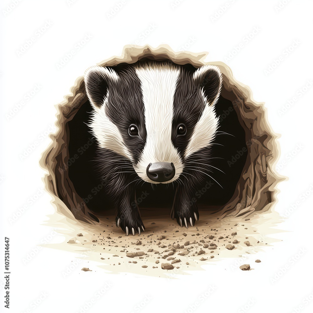 Fototapeta premium A charming badger emerging from its burrow against a white isolated background.