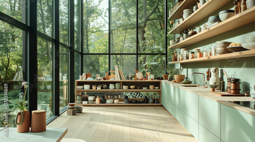 Modern Scandinavian kitchen interior with a pastel green color scheme, light wood open shelving, matte black hardware, and large floor-to-ceiling windows.