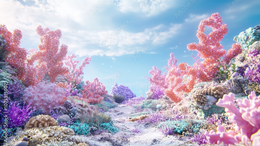 Fototapeta premium Ecosystem Contrast: Vibrant Coral Reef vs. Dead Coral in 3D Rendered Artwork