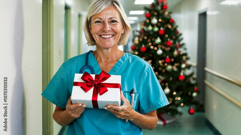 The nurse beams with happiness as she holds a festive gift, surrounded by the warmth of holiday decorations and a sparkling Christmas tree nearby The nurse beams with happiness as she holds a festive gift, surrounded by the warmth of holiday decorations and a sparkling Christmas tree nearby