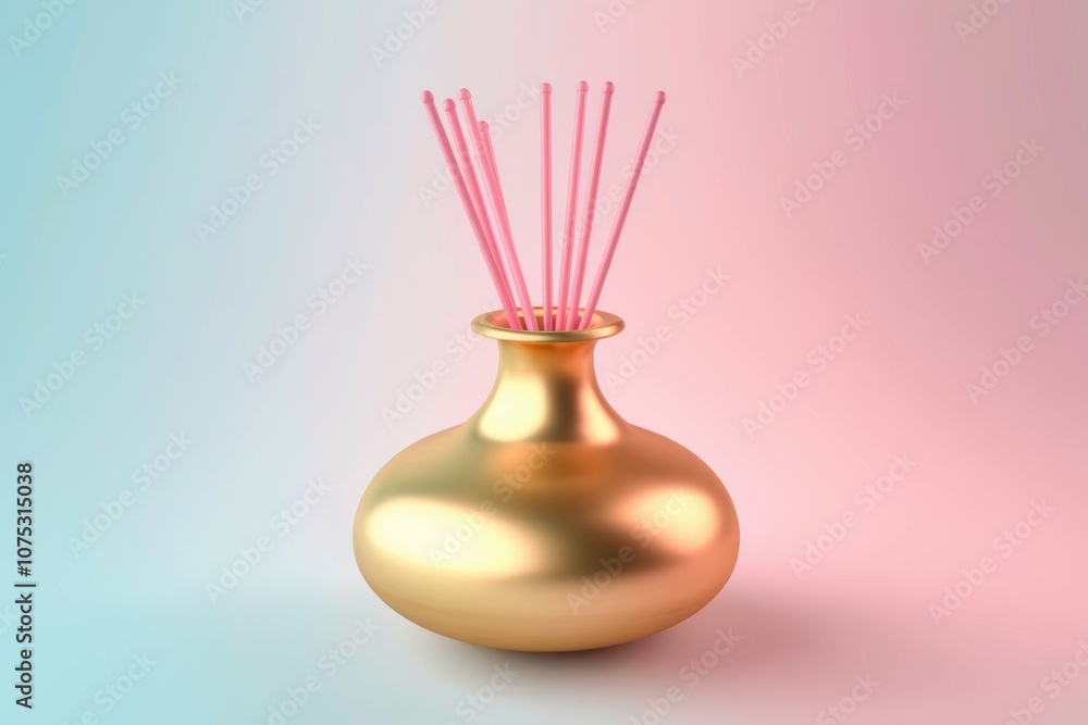 Golden vase with pink sticks on a pastel background. Golden vase with pink sticks on a pastel background.
