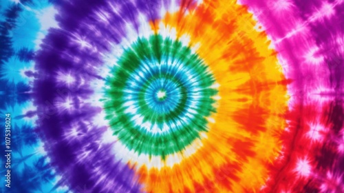 A vibrant, colorful tie-dye pattern featuring bright hues of blue, green, orange, and purple.