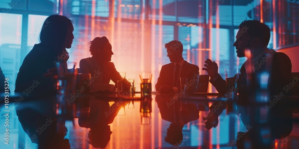 Blurred image of a business meeting in an office with people around a table discussing work matters. Blurred image of a business meeting in an office with people around a table discussing work matters.