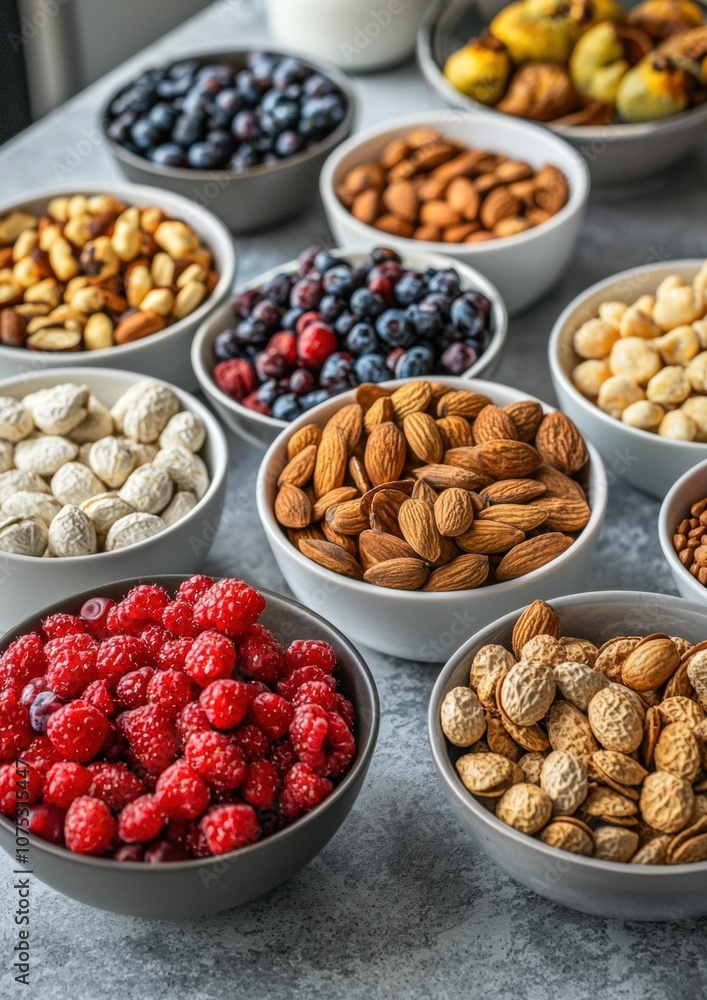A variety of nuts and berries are displayed in bowls on a counter A variety of nuts and berries are displayed in bowls on a counter