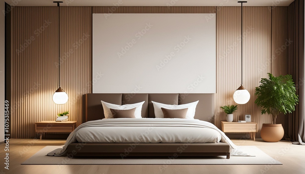 Modern bedroom interior with a blank wall and minimal decor. 3D Rendering Modern bedroom interior with a blank wall and minimal decor. 3D Rendering