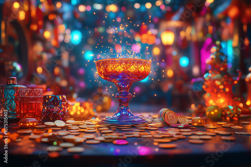 A colorful dreidel spins among festive lights and coins photo