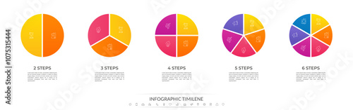 Circle division vector infographics icon set from 2 to 6. Different color circles chart divided 2, 3, 4, 5, 6 equal parts. Business round diagram with same size sectors, fraction.
