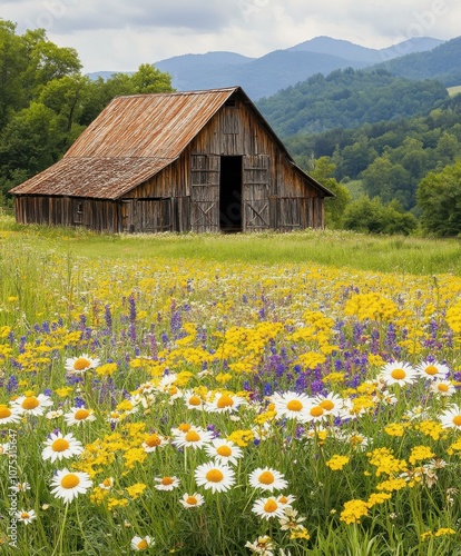 Charming Rustic Barn Surrounded by Vibrant Wildflowers and Scenic Mountains