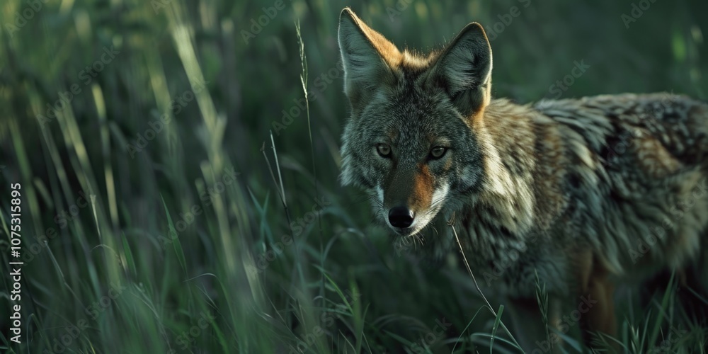 Obraz premium A curious red fox peering through tall grass in a natural setting.