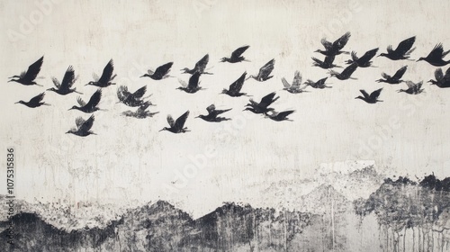 Flock of migratory birds flies across sky to south, warmer climes. Migration in autumn and spring. Warm climate. Freedom concept. Geese flight mountains background. Monochrome colors. Art illustration