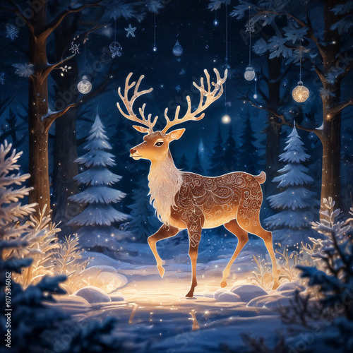 New Year card with a deer in a fabulous winter forest