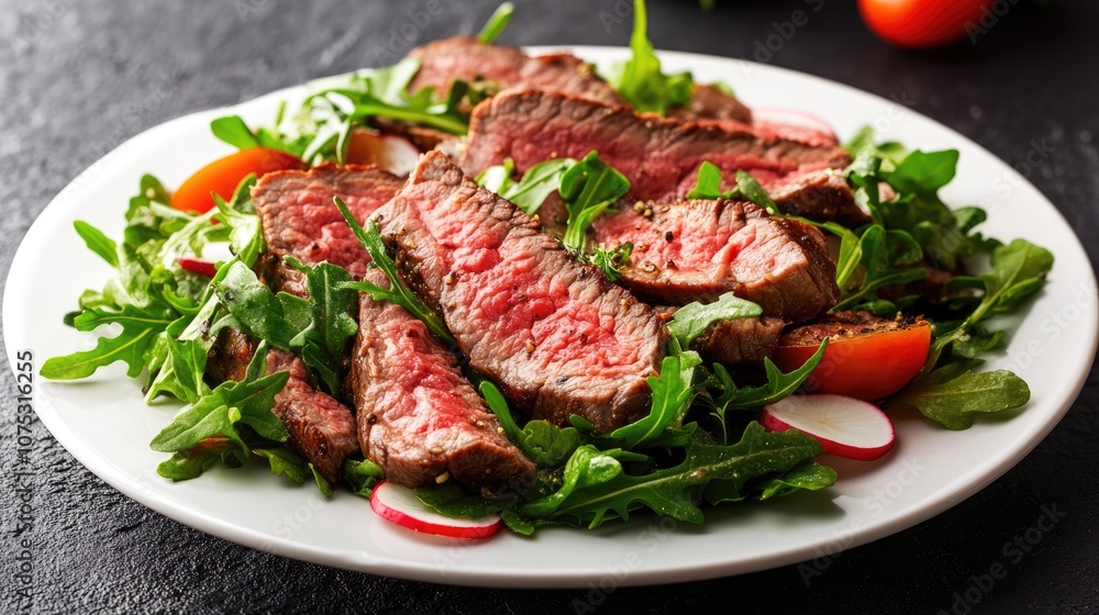Roast Beef Salad with Fresh Greens Generous Portions of Tender Medium Rare Meat or Grilled Steak Served on a White Plate with Radish Tomato Spices and Leafy Greens Roast Beef Salad with Fresh Greens Generous Portions of Tender Medium Rare Meat or Grilled Steak Served on a White Plate with Radish Tomato Spices and Leafy Greens