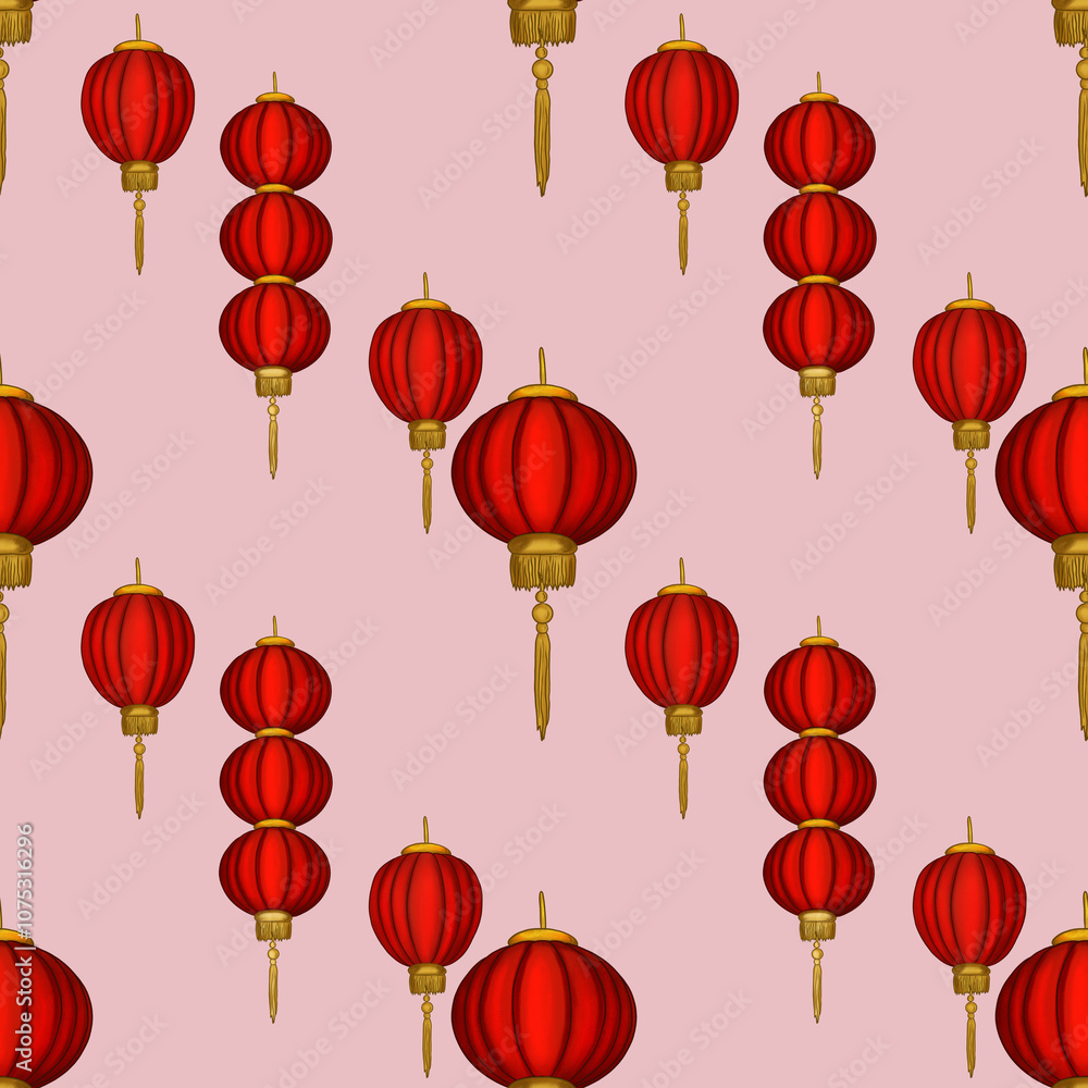 Diagonal Red Lantern on Pink Background Seamless Pattern Design Diagonal Red Lantern on Pink Background Seamless Pattern Design