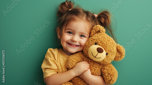 Little happy kid girl 6-7 year old wears casual clothes have fun hold hug teddy bear plush toy