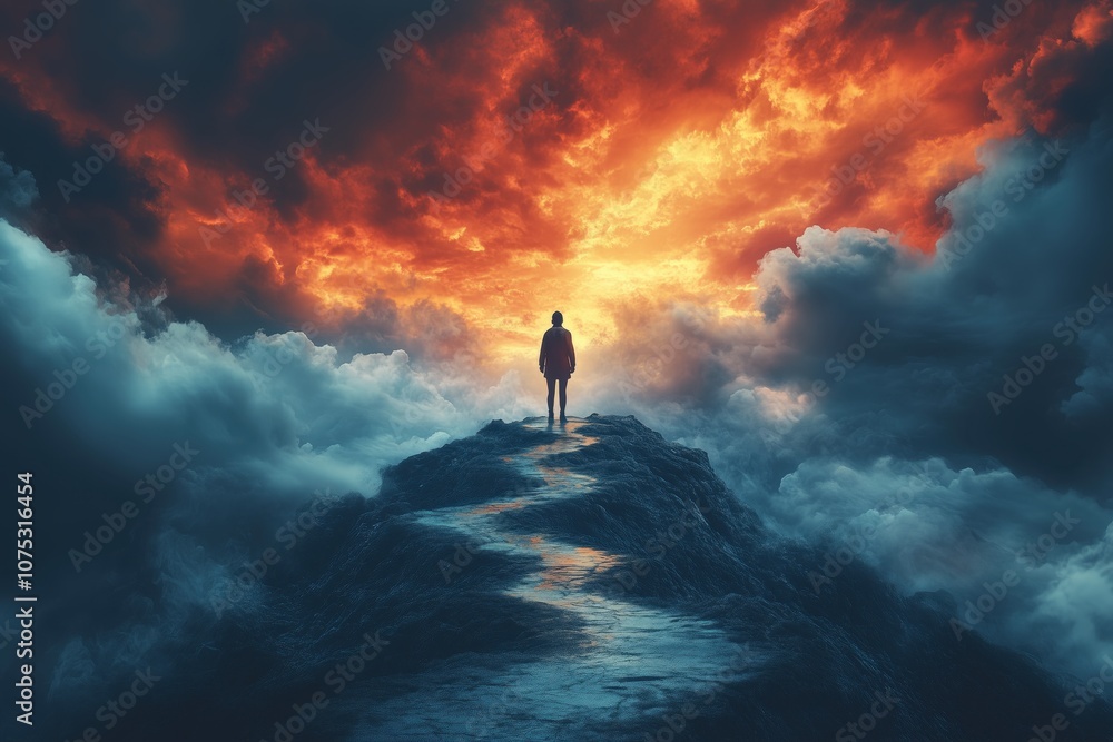 Fototapeta premium Person Standing on Mountain Peak Against Fiery Sunset with Dramatic Clouds