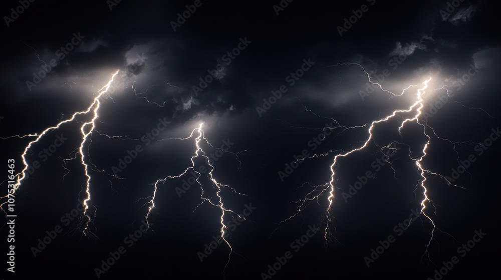 Striking night sky filled with multiple bolts of lightning illuminating dark clouds. Striking night sky filled with multiple bolts of lightning illuminating dark clouds.