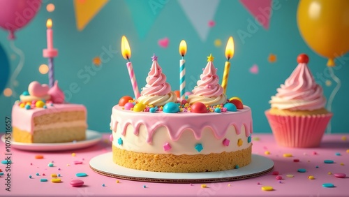 A pink birthday cake with three candles on top and a cupcake on the right