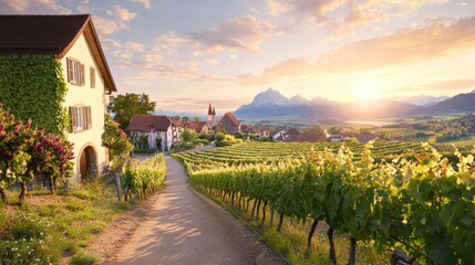 Crédence de cuisine  Tranquil Swiss Vineyard at Sunset with Golden Light  © phurinee