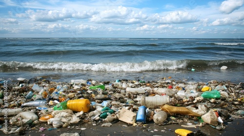 Trash and non biodegradable waste including junk and garbage accumulate and float on the surface of the ocean