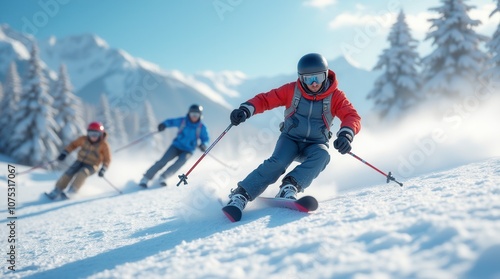 Collection of Floating Sportsman in Ski Suit Snow Skiing Action photo