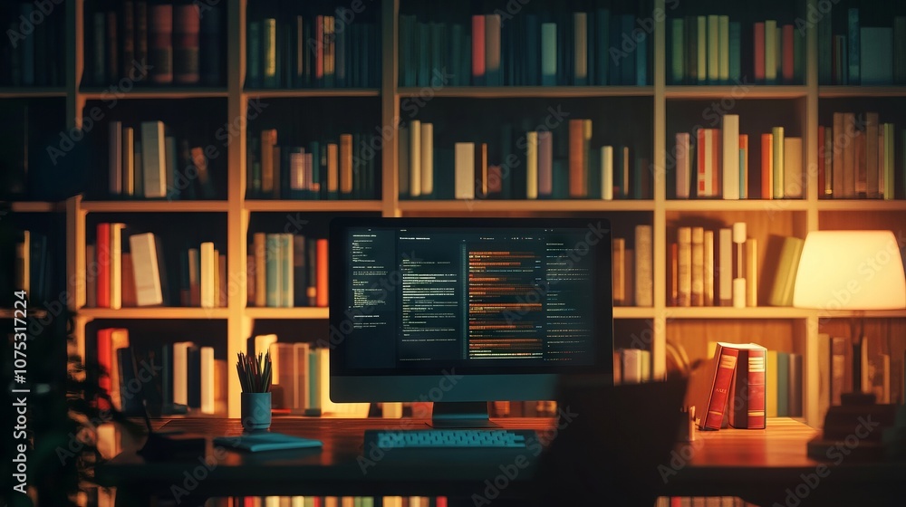 Minimalist Online Library Interface in Evening Light. AI generated illustration Minimalist Online Library Interface in Evening Light. AI generated illustration