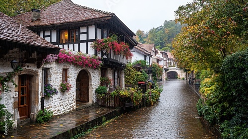 Rainy Day in Quaint European Town photo