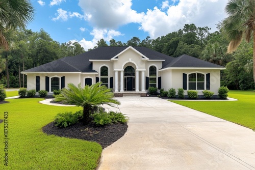 A colonial-style house with white pillars, shutters, and a large front porch with rocking chairs