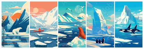 Arctic landscape. Abstract winter scenery ice mountains penguins polar bears walrus killer whale boat set vector illustration